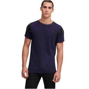 DKNY Tee Mens S‎ Navy Faux Leather Trim Stretch Cotton Modern Casual Streetwear